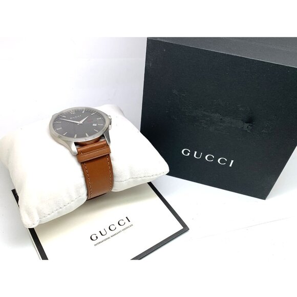 Gucci Men's Watch YA126302 G-Timeless Swiss Quartz Gray Dial Brown Leather 40mm - Picture 3 of 15